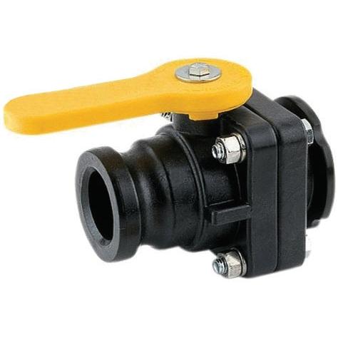 VSF200CF black polypropylene ball valve with a yellow lever handle and stainless steel hardware.