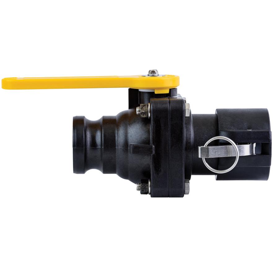 VSFD204FP black polypropylene ball valve with a yellow lever handle and stainless steel locking pin.