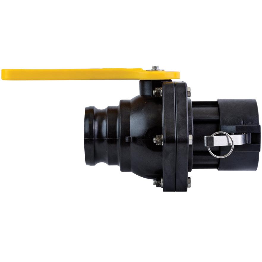 Black plastic VSFD300FP ball valve with a yellow lever handle and metal locking pin on a white background.