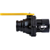 Black plastic VSFD300FP ball valve with a yellow lever handle and metal locking pin on a white background.