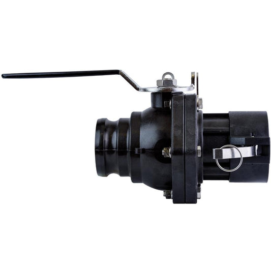 Black VSFD300HSFP ball valve with a metal handle, stainless steel bolts, and a locking pin mechanism on a white background.