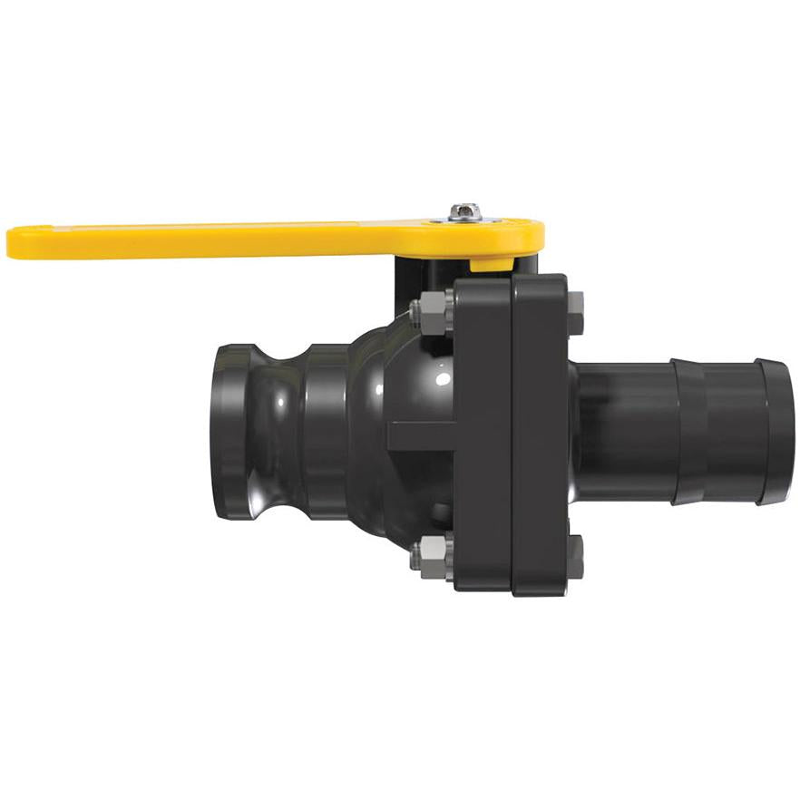 Black polypropylene ball valve with a bright yellow lever handle and stainless steel hardware for industrial fluid control.
