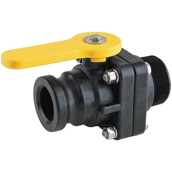 VSFMT200 black polypropylene ball valve with a yellow handle and stainless steel hardware for secure fluid control.