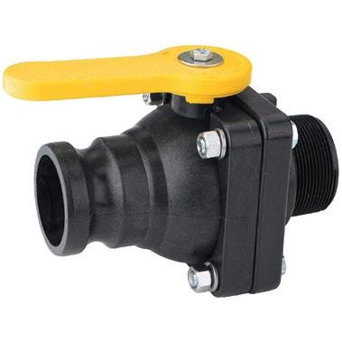 Black plastic ball valve with a yellow lever handle and bolted flange connection for industrial piping systems.