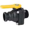 Black plastic ball valve with a yellow lever handle and bolted flange connection for industrial piping systems.