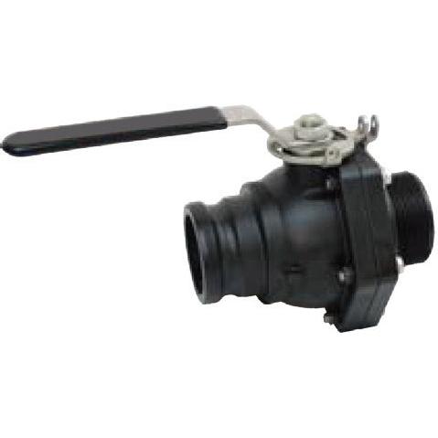 Black plastic ball valve with a long lever handle and threaded connections for industrial plumbing applications.