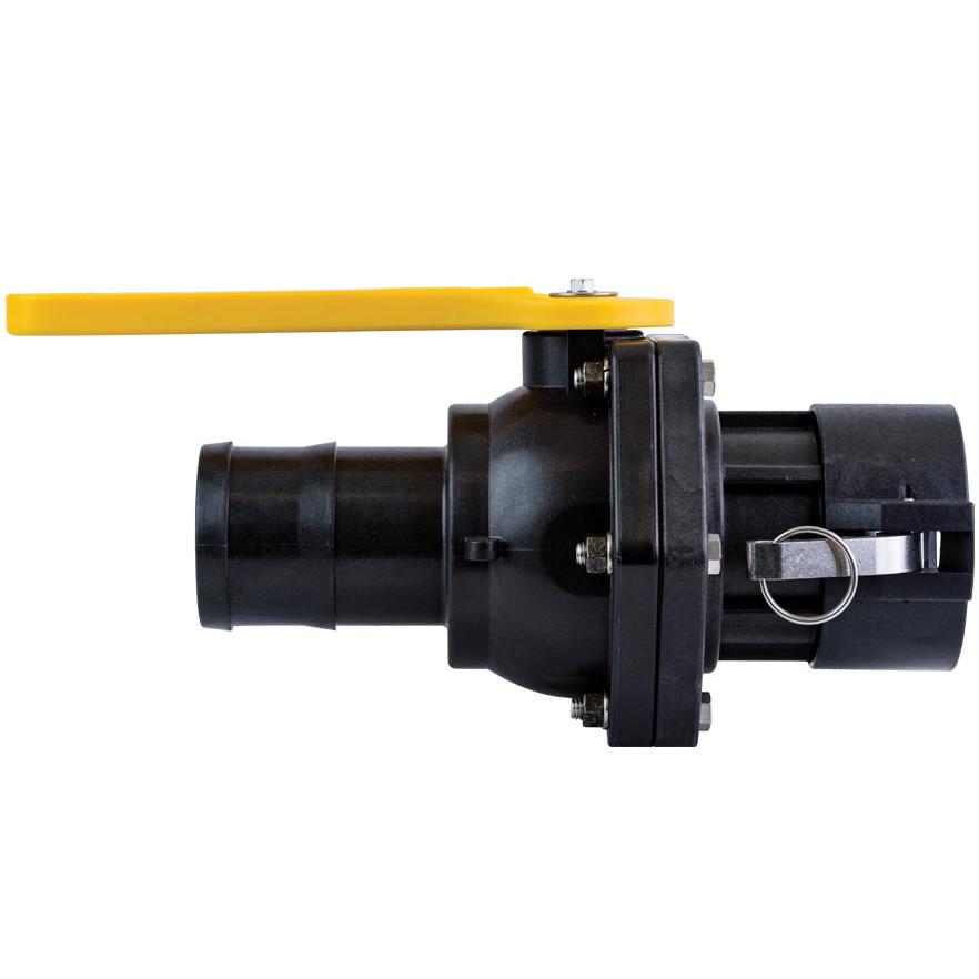 Black plastic ball valve with a bright yellow handle and a metal locking pin mechanism on a white background.