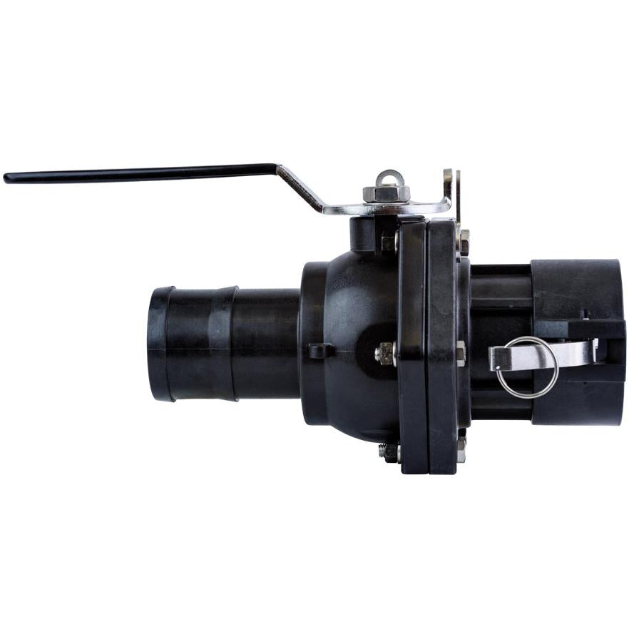 Black plastic 3-inch ball valve with a metal handle and camlock fitting for industrial fluid control systems.