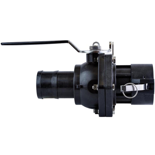 Black plastic 3-inch ball valve with a metal handle and camlock fitting for industrial fluid control systems.