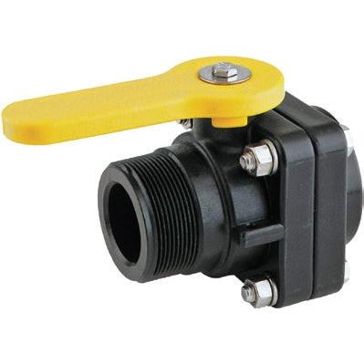 VSMT200 black plastic ball valve with a bright yellow lever handle and stainless steel bolt assembly.
