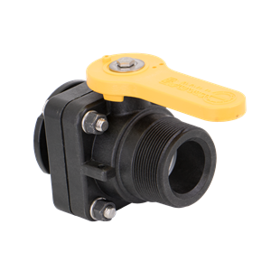 VSMT200CF black plastic ball valve with a bright yellow lever handle and threaded connection port.