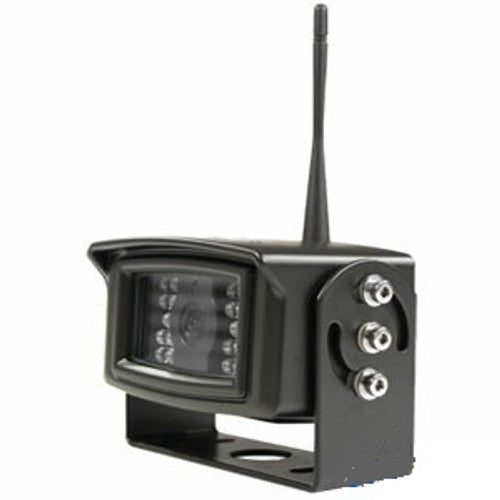 WCCH2 wireless backup camera in a black metal housing with an adjustable mounting bracket and integrated antenna.