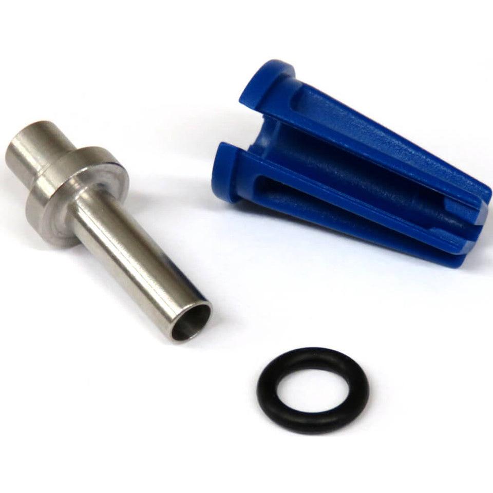 XT020-GIOKIT set featuring a metallic nozzle, a blue plastic ribbed housing, and a small black rubber O-ring seal.