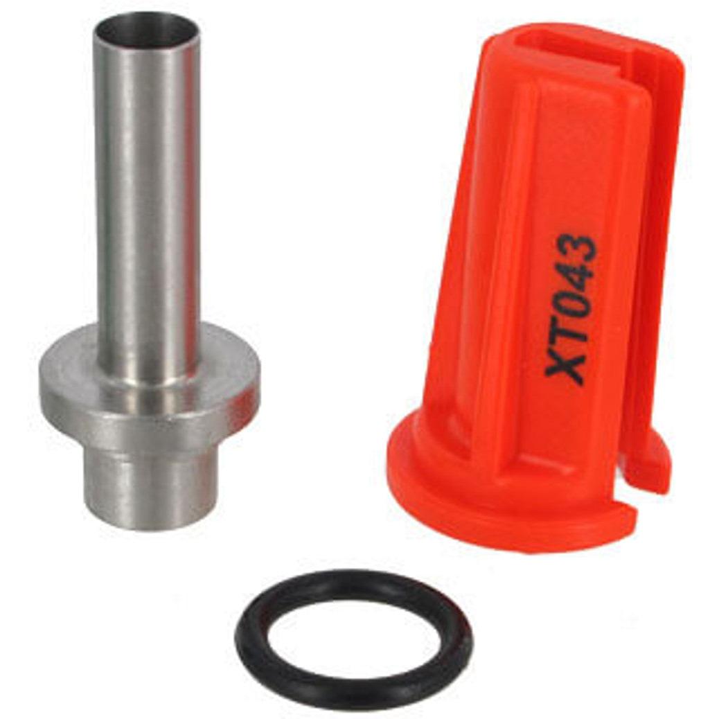 XT043-GIOKIT repair set with a metal nozzle, orange plastic protective cap, and a black rubber O-ring seal.