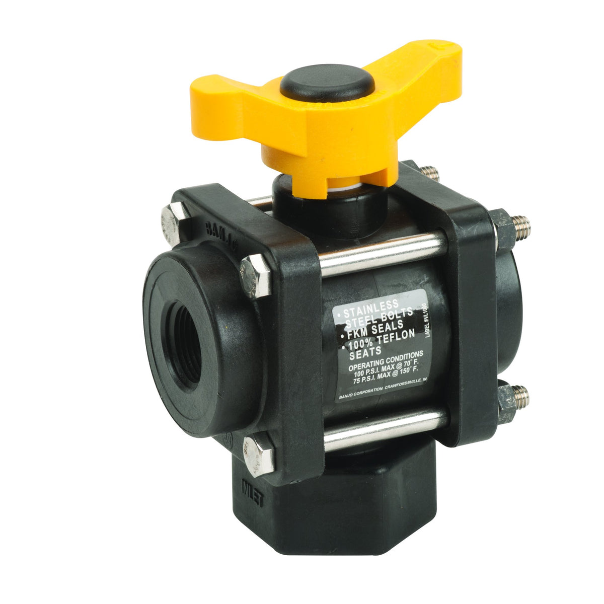 Banjo V075BL 3/4" 3-Way Bottom Load Poly Ball Valve, FNPT