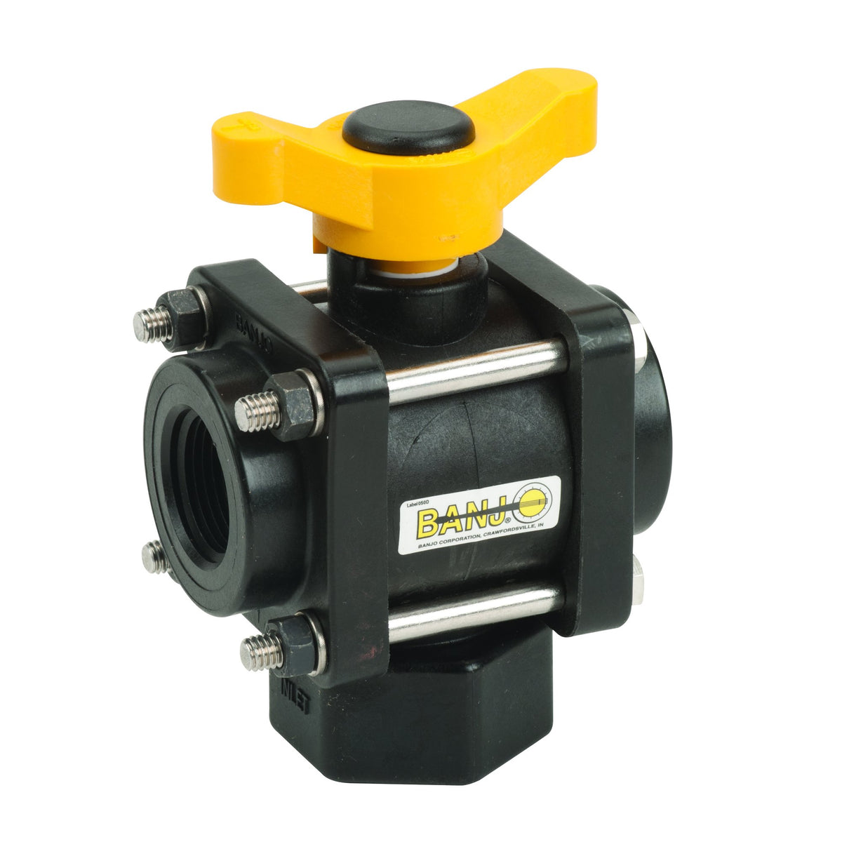 Banjo V100BL 1" 3-Way Bottom Load Poly Ball Valve, FNPT
