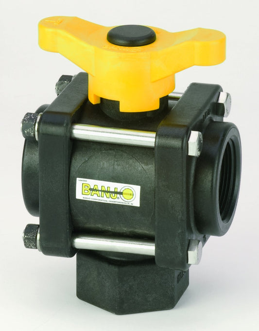 Banjo V150BL 1-1/2" 3-Way Bottom Load Poly Ball Valve, FNPT
